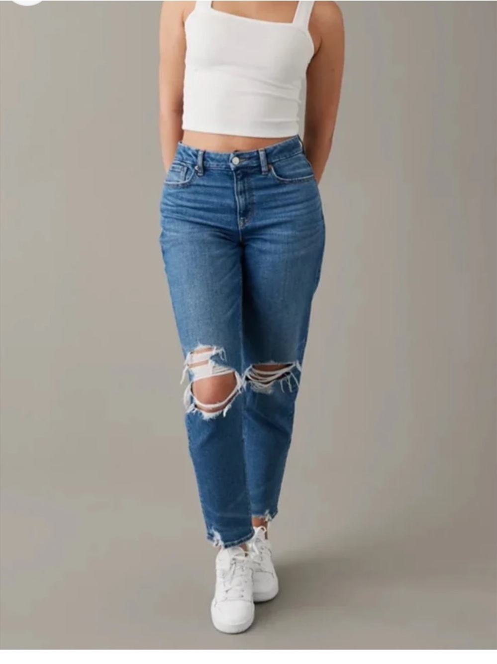 AE Curvy Long Distressed Mom Jeans